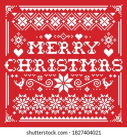 Merry Christmas vector greeting square card pattern in white on background - Scandinavian knnitting, cross-stitch design. Nordic retro Xmas repetitive background with snowflakes, birds, hearts 