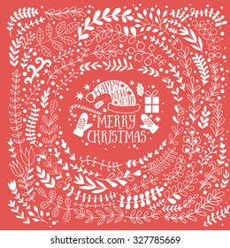 Merry Christmas vector greetings illustration- red and white. Colorful leaf design, Happy new year card frame wreath