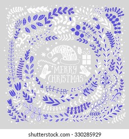 Merry Christmas vector greetings illustration. Colorful leaf design, Happy new year card frame