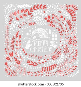 Merry Christmas vector greetings illustration. Colorful leaf design, Happy new year card frame