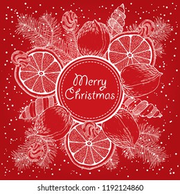 Merry Christmas vector hand drawing Christmas treats, nuts, Christmas decorations and sweets