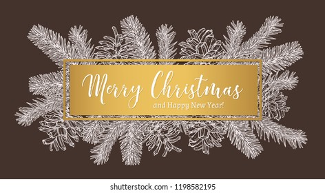 Merry Christmas vector hand drawn illustration on chalkboard. Golden label with sketch branches of fir with cones. Greeting festive card or poster
