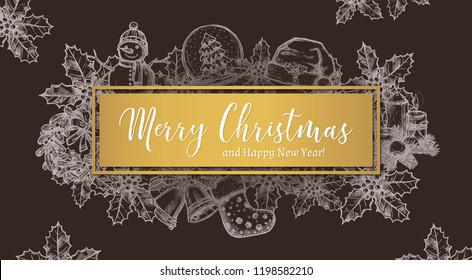 Merry Christmas vector hand drawn illustration on chalkboard. Golden label with sketch holiday attributes: wreath, snowman, sock, santa hat, holly. Greeting festive card or poster