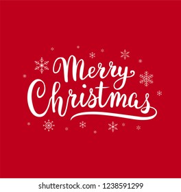 Merry Christmas vector hand drawn lettering design with snowflakes on red background