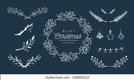 Merry Christmas vector hand drawn decoration set. Christmas wreath, mistletoe brunches, berries, decor