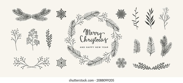 Frohe Weihnachtsschmuck, handgezeichnet mit Vektorgrafik. Weihnachtsschrei Gruß Textzweige von Tannenpflanzen Beeren Schneeflocken. Vektorgrafik einzeln auf weißem Hintergrund