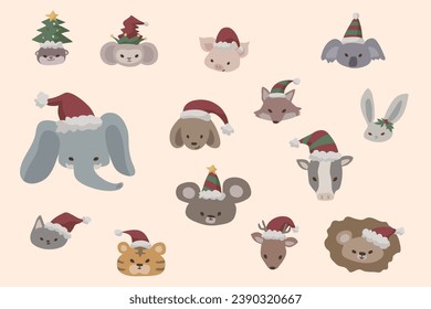 merry christmas vector hand drawn art animals head collection