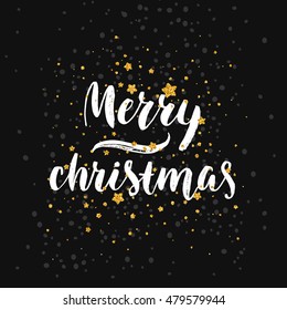 Merry christmas. Vector hand drawn font with gold glitter stars. Winter sign for design greeting cards, photo overlays, invitations.