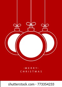 Merry Christmas! Vector hanging abstract line Christmas balls with white circles on a string with a bow on a red background.