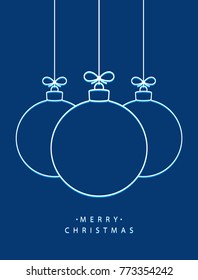 Merry Christmas! Vector hanging abstract line Christmas balls on a string with a bow on a blue background.