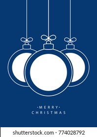 Merry Christmas! Vector hanging abstract line Christmas balls with white circles on a string with a bow on a blue background.