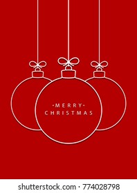 Merry Christmas! Vector hanging abstract line Christmas balls on a string with a bow with shadow on a red background.