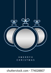Merry Christmas! Vector hanging abstract line Christmas balls with silver circles & snowflakes on a string with a bow on a dark blue background.