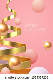 Merry Christmas. Vector holiday illustration. Geometric 3d primitive concept. Minimal style cover. Golden helix and spheres. Party invitation or greeting card design