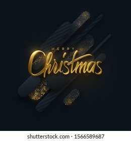 Merry Christmas. Vector holiday illustration. Festive golden 3d lettering on black papercut background. Geometric shapes textured with glitters. Festive banner design. Christian religious event sign