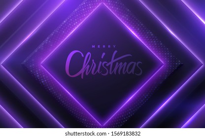 Merry Christmas. Vector holiday illustration. Lettering label on shimmering background with square shapes and neon lights. Christian religious event. Festive banner design