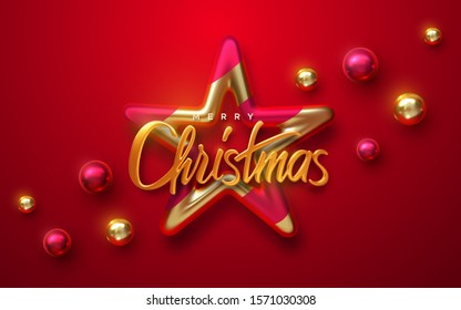 Merry Christmas. Vector holiday illustration. Golden 3d lettering. Realistic shiny sign with star and ball baubles on red background. Festive event banner. Decorative element for Xmas cover design