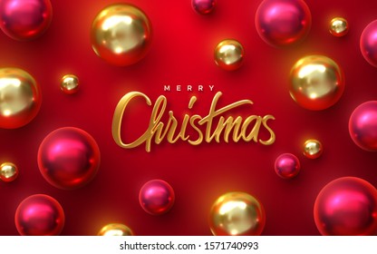 Merry Christmas. Vector holiday illustration. Golden 3d lettering. Realistic shiny sign with christmas baubles on red background. Festive religious event banner. Decoration for Xmas cover design