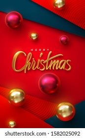 Merry Christmas. Vector holiday illustration. Golden 3d lettering. Realistic shiny sign with christmas baubles on red background. Festive religious event banner. Decoration for Xmas cover design