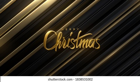 Merry Christmas. Vector holiday illustration. Festive decoration of golden realistic 3d lettering on layered black and gold background. Xmas poster. Festive banner design