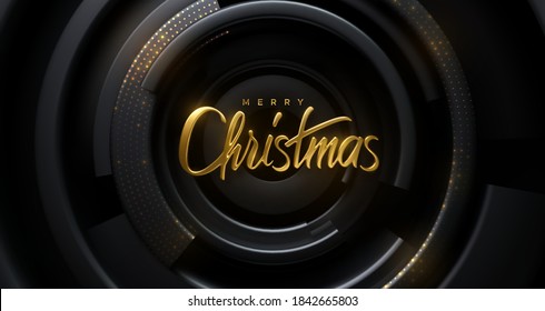 Merry Christmas. Vector holiday illustration. Festive decoration of golden realistic 3d lettering on radial geometric shapes background. Xmas poster. Festive banner design