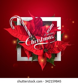 Merry Christmas. Vector Holiday Illustration With Lettering Label, Christmas Candy Cane, Sparkles And Poinsettia Flowers