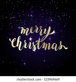 Merry Christmas Vector Holiday Illustration. Golden Merry Christmas Lettering With Glittering Sparkles and Stars on Dark Background.