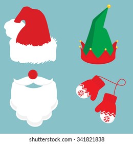 Merry christmas vector icon set Santa Claus, gnome hat and winter mittens. Santa Claus beard, mustache, red nose and hat on blue 