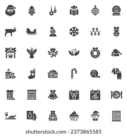 Juego de iconos vectoriales navideños, colección moderna de símbolos sólidos, paquete de pictogramas estilo relleno. Señales, ilustración del logotipo. El juego incluye íconos como copo de nieve de invierno, santa, árbol de navidad, cena, decoraciones