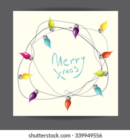 Merry Christmas! Vector illustrated greetin gcard with electric lamp garland. Colorful holiday party poster design. Decorative invitation template. Multicolor lighting bulb backdrop.