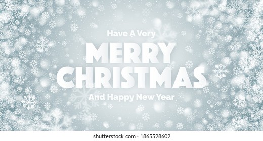 Merry Christmas Vector Illustration With 3D Typographic Text And White Snowflakes On Light Blue Background. Winter Holidays Xmas And Happy New Year Greeting Card Vector Design Template