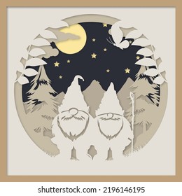 Merry Christmas vector illustration, 3D layered paper cut style. Shadow box. Christmas gnome and Christmas tree. 