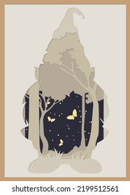 Merry Christmas vector illustration, 3D layered paper cut style. Shadow box. Christmas gnome and Christmas tree. 