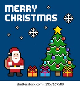 Merry Christmas Vector Illustration. 8-bit Pixel Christmas Icons, Square.