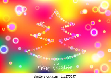 Merry Christmas vector illustration with abstract new year tree in bokeh colorful lights.