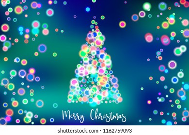 Merry Christmas vector illustration with abstract new year tree in bokeh colorful lights.