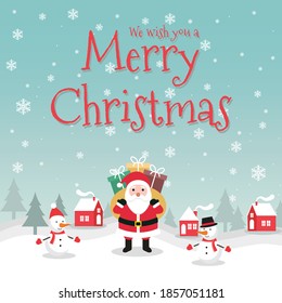 Merry Christmas vector Illustration background.  include Snow man wearing Hat scarf and winter glove, santa, tree, snow, etc. good for banner, card, book, gift, and happiness.