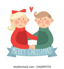 Merry Christmas vector illustration of boy and girl in sweaters.  Christmas postcard.