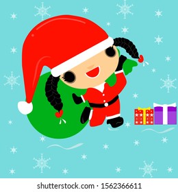 Merry Christmas vector illustration - a braid girl dressed up as a Santa Claus wearing a hat. Carrying a gift bag on the eve of Christmas Annual December of every year