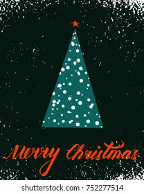 Merry Christmas. Vector illustration with calligraphy and christmas tree on dark background
