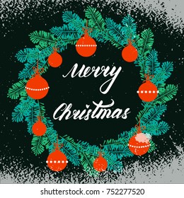 Merry Christmas. Vector illustration with calligraphy and festive wreath on dark background