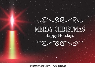 Merry Christmas, Vector illustration candle flame fire light with falling snow. Isolated on a dark background.