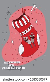 Merry Christmas vector illustration card - cute red christmas sock with deers on grey background, decorative templates for invitations, greeting postcards, design elements