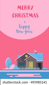 Merry Christmas vector illustration. Christmas card with a winter family house in Christmas night on pink background