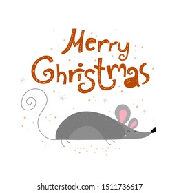 Merry Christmas. Vector illustration with cartoon colorful rat, lettering, decorative elements. holiday theme. design for cards, prints, posters