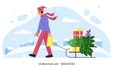 Merry Christmas vector illustration. Cartoon flat father character carrying sleigh with Christmas tree, Xmas presents gifts for celebrating Christmas Eve, winter holidays celebration isolated on white