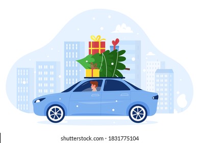 Merry Christmas vector illustration. Cartoon flat man character driving car with Xmas presents gifts and Christmas fir tree on roof in winter snowy cityscape, wintertime holiday isolated on white