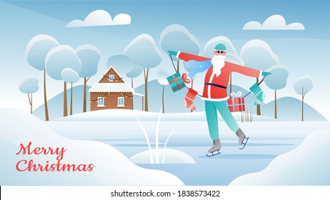 Merry Christmas vector illustration. Cartoon flat winter greeting card with Santa Claus ice skating and holding Xmas socks with Christmas present gifts in hands, snow landscape wintertime background