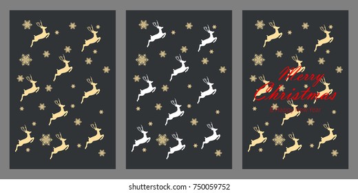 Merry Christmas vector illustration collection. Deer. Happy New Year design on dark background with an inscription. Holiday greeting. 