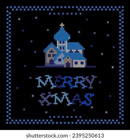 Merry Christmas vector illustration. Cross stitch napkin with church on the black. Vector concept for cute home decoration. Christmas theme.